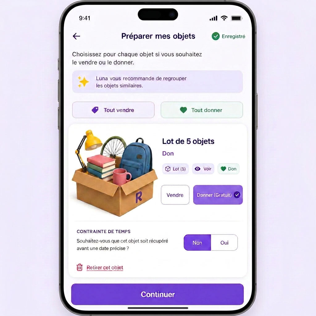 Interface REKKUP d'un lot à donner avec miniature carton et option de délai