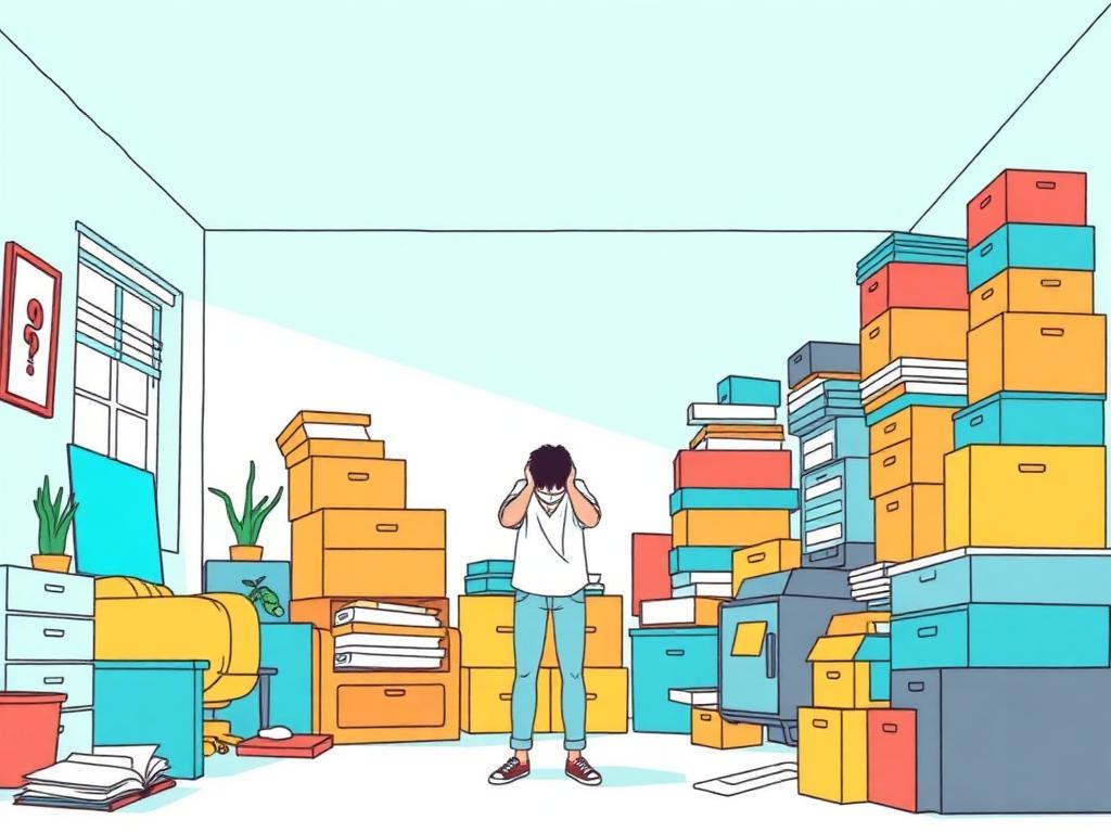 Illustration d'une pièce encombrée de cartons et de meubles