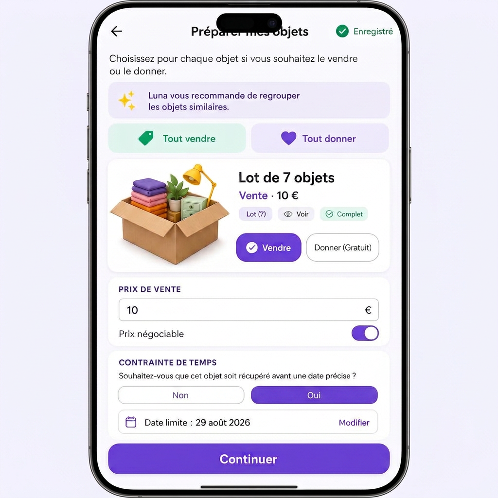 Interface REKKUP d'un lot en vente avec miniature carton et options de prix