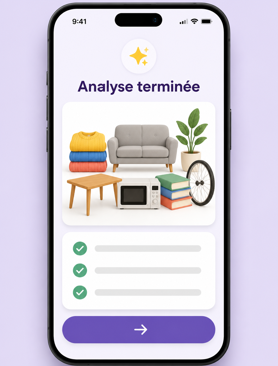 Écran de l'application REKKUP : Luna a terminé l'analyse et identifié les objets